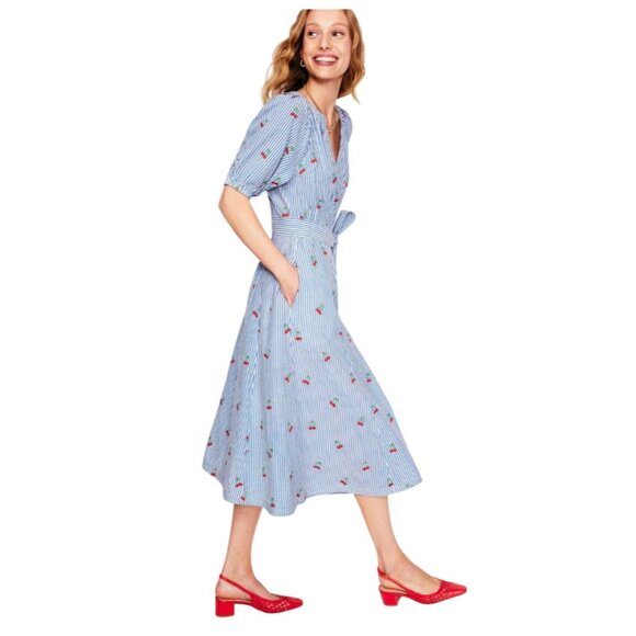 Boden NWT Bria Blue Striped Seersucker Cherry Embroidered A-Line Midi Dress - Picture 5 of 14